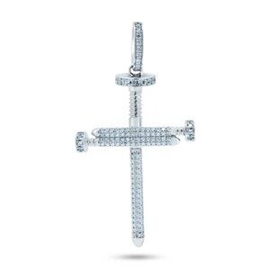 Sterling Silver 925 Rhodium Plated CZ Large Nail Cross Pendant